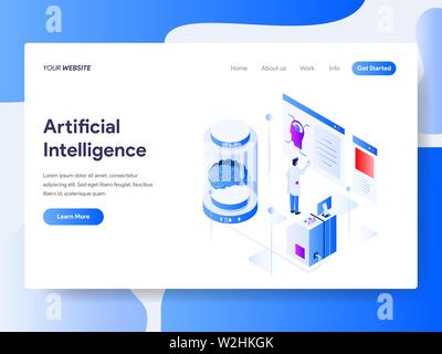 Landing page template of Artificial Intelligence Isometric Illustration Concept. Isometric flat design concept of web page design for website and mobi Stock Vector