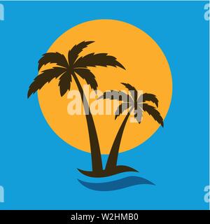 palm tree silhouette summer holiday icon with sun and wave vector illustration EPS10 Stock Vector