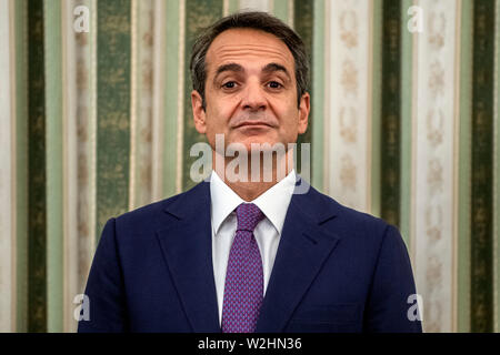 Athen, Greece. 09th July, 2019. Kyriakos Mitsotakis, president of the conservative party Nea Dimokratia (ND) and newly elected prime minister, takes part in the swearing-in ceremony of the new Greek cabinet in the presidential palace. Credit: Angelos Tzortzinis/dpa/Alamy Live News Stock Photo