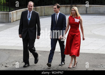 Washington, DC. 8th July, 2019. World Bank President David Malpass, Senior Advisor Jared Kushner, and First Daughter and Advisor to the President Ivanka Trump, walk into the Treasury Department for a dinner hosted by the Secretary of the Treasury in honor of the Amir of the State of Qatar on July 8, 2019 in Washington, DC. Credit: Oliver Contreras/Pool via CNP | usage worldwide Credit: dpa/Alamy Live News Stock Photo
