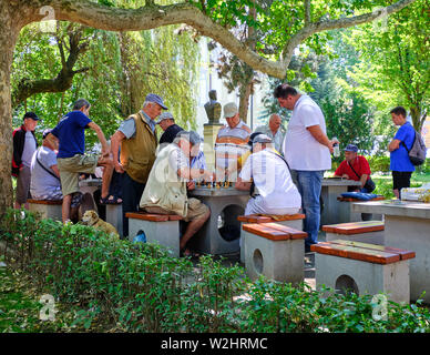 Group of senior men in a park watching a chess match. Sibiu, Romania, July 2019 Stock Photo