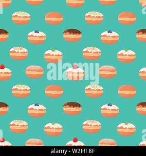 Seamless pattern with different kinds of donuts (doughnuts), powdered sugar topping, chocolate glazing, berry. Vector illustration. Stock Vector