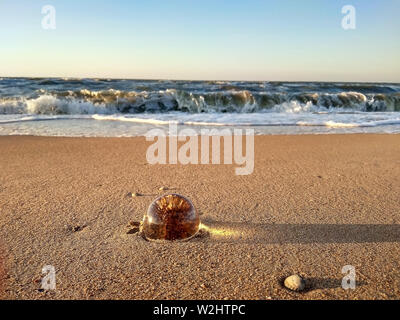 Sandy beach at sunset. Sea with waves.Glass ball lying on the sand. Stock Photo