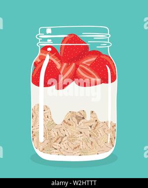 Overnight oats with fresh red strawberries and yogurt in glass vintage mason jar. Healthy natural delicious breakfast. Portion of oat flakes Stock Vector