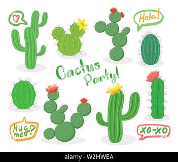 Different green succulent plants with flowers icon set isolated, cactus party, hola, vector illustration. Stock Vector