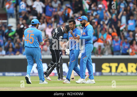 Manchester, UK. 9th July, 2019. India's Yuzvendra Chahal celebrates with Rohit Sharma and Virat Kohli after dismissing New Zealand's Kane Williamson during the ICC Cricket World Cup 2019 match between India and New Zealand at Old Trafford, Manchester on Tuesday 9th July 2019. (Credit: Mark Fletcher | MI News) Credit: MI News & Sport /Alamy Live News Stock Photo