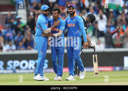 Manchester, UK. 9th July, 2019. India's Yuzvendra Chahal celebrates with Rohit Sharma and Virat Kohli after dismissing New Zealand's Kane Williamson during the ICC Cricket World Cup 2019 match between India and New Zealand at Old Trafford, Manchester on Tuesday 9th July 2019. (Credit: Mark Fletcher | MI News) Credit: MI News & Sport /Alamy Live News Stock Photo