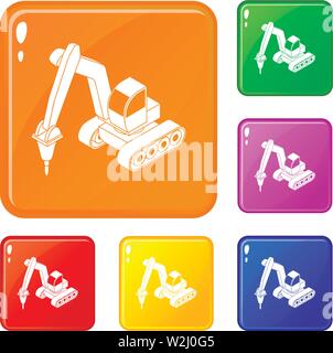 Drill tractor icons set vector color Stock Vector