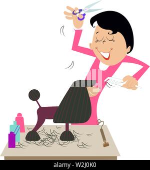 Woman grooming of the dog illustration. Smiling barber woman cuts hair of the dog isolated on white Stock Vector