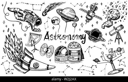Astronomy background in vintage style. Space and cosmonaut, moon and spaceships, meteorite and stars, planets and observatory. Hand drawn in retro Stock Vector