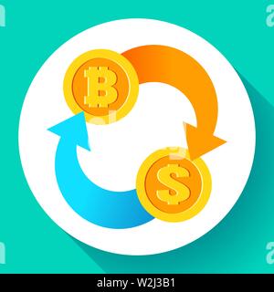Exchange bitcoin to dollar icon, usd and btc symbols, cryptocurrency mining, blockchain technology, vector illustration. Stock Vector