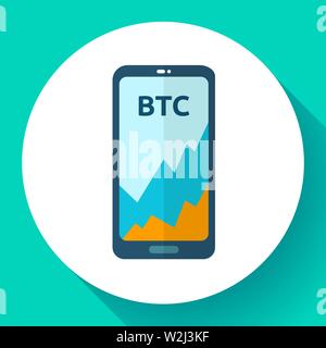 Exchange cryptocurrency in the phone, mobile application, bitcoin market platform icon, Bitcoin price increase, vector illustration. Stock Vector