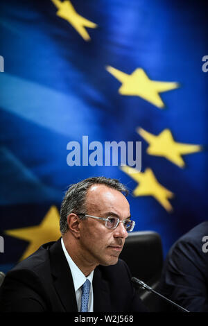 Athen, Greece. 09th July, 2019. The new Greek Minister of Finance Christos Staikouras, who joined the Ministry of Finance at the handover. Credit: Angelos Tzortzinis/dpa/Alamy Live News Stock Photo