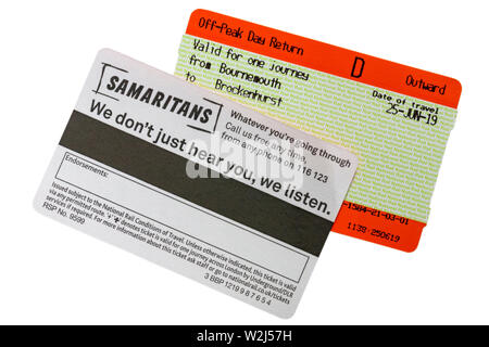 Samaritans we don't just hear you we listen - information on back of rail train ticket - whatever you're going through call us free any time Stock Photo