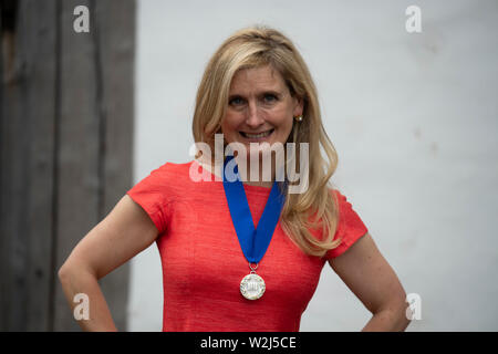 Sam Wanamaker Playhouse, Shakespeare’s Globe, Bankside, London, UK. 9th July 2019. The new Waterstones Children’s Laureate for 2019-2021 is Cressida Cowell (pictured), with her award outside the Globe Theatre. Awarded once every two years to an eminent children's book writer or illustrator to honour outstanding achievement in their field, this year marks the 20th anniversary of the Children’s Laureate. Credit: Malcolm Park/Alamy Live News. Stock Photo