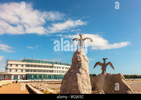 Streamline art deco building of the Midland Hotel in Morecambe, UK as  viewed from the Stone Jetty. Stock Photo