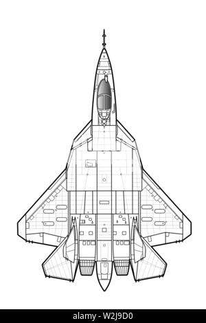 The newest russian jet fighter aircraft SU-57, T-50. Technichal draw ...