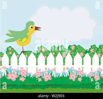 bird and flowers cartoon border in summer Stock Photo