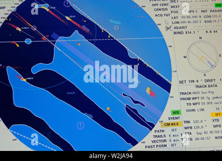 malacca strait, malaysia -  2006 09 02: screen of electronic chart display information system (ecdis) on the bridge of the southbound containers Stock Photo