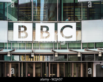 BBC HQ New Broadcasting House London - Sign outside Broadcasting House, the BBC HQ / BBC headquarters  Portland Place & Langham Place, Central London Stock Photo