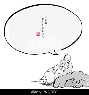 Chinese ink message dialogue box template people character in traditional clothing a man lying on a stone lazily. Translation for the Chinese word : B Stock Vector
