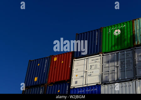 indian ocean, international waters - december 31, 2014: view onto containers stowed on deck of the container vessel cma cgm vela  (imo no  9354923) Stock Photo