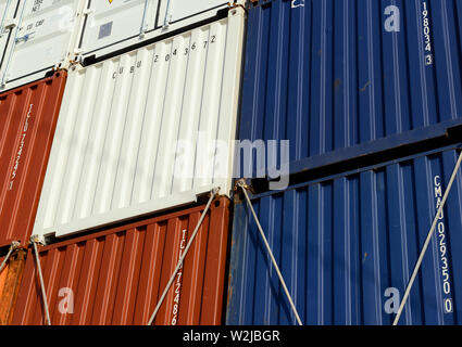 indian ocean, international waters - december 31, 2014: view onto containers stowed on deck of the container vessel cma cgm vela  (imo no  9354923) Stock Photo