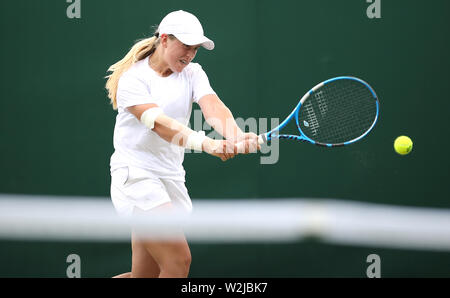 Sonay Kartal in action against Katrina Scott on court 6 on day eight of the Wimbledon Championships at the All England Lawn tennis and Croquet Club, Wimbledon. PRESS ASSOCIATION Photo. Picture date: Tuesday July 9, 2019. See PA story tennis Wimbledon. Photo credit should read: Steven Paston/PA Wire. RESTRICTIONS: Editorial use only. No commercial use without prior written consent of the AELTC. Still image use only - no moving images to emulate broadcast. No superimposing or removal of sponsor/ad logos. Stock Photo