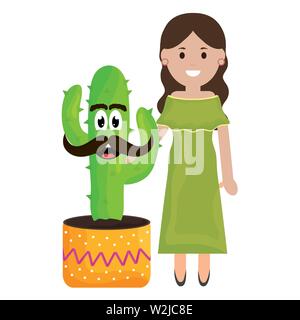 beautiful mexican woman with cactus characters vector illustration design Stock Vector