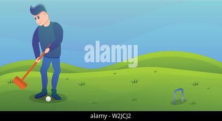 Man play croquet concept banner. Cartoon illustration of man play croquet vector concept banner for web design Stock Vector
