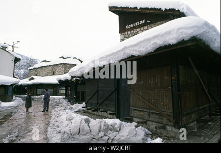 28th March 1993 During the Siege of Sarajevo: closed-up wooden stalls in Bascarsija Square in the old town. Stock Photo