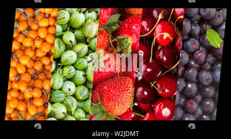 Fresh juicy berries on food collage Stock Photo