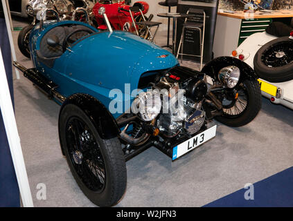 Three-quarter front view of  Morgan 3-Wheeler, on display at the 2019 London Classic Car Show Stock Photo