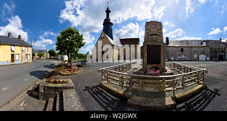 The main square of the hamlet of Saint-Germain-Beaupré with the church and the monument to the fallen of the Great War. France. Stock Photo