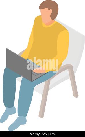 Freelancer work at laptop on chair icon, isometric style Stock Vector