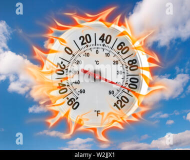 Outdoor thermometer indicating 107 degrees Fahrenheit or 40 Celsius, with dial on fire Stock Photo