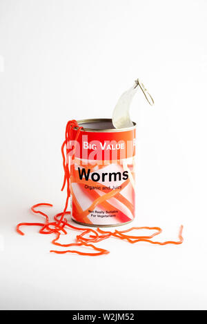 A studio shot of a can of worms being opened against a white background. Stock Photo
