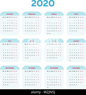 The 2020 calendar template with rounded angled boxes Stock Vector
