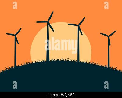 Wind turbine on the background of the sun. Renewable energy. Vector illustration Stock Vector
