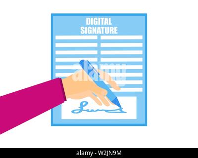 Digital signature. A hand is holding a pen signing a digital document. Flat style. Vector illustration Stock Vector