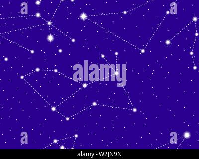 Seamless pattern starry sky with the constellations of Indus, Leo and Lepus. Cluster of stars and galaxies. Deep space. Vector illustration Stock Vector