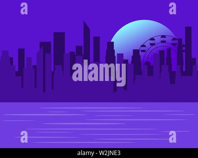 City panorama with skyscrapers and the river. Wheel of dehydration on the background of the moon. Vector illustration Stock Vector