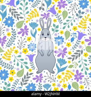 Seamless pattern with rabbit and flowers on white background Stock Vector