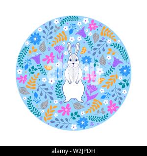 Colorful card with rabbit and flowers on white background Stock Vector