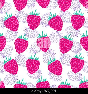 Seamless pattern with raspberries on white background. Fruits texture.It be perfect for fabric, wrapping,packaging, digital paper and more. Stock Vector