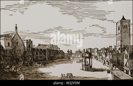 New Palace Yard, Westminster,London, England  in 1647 from the Water Gate on the Thames, looking westwards. King Henry VI's fountain stands alone on the right of the picture. It was used for great occasions and could be made to dispense wine. Stock Photo