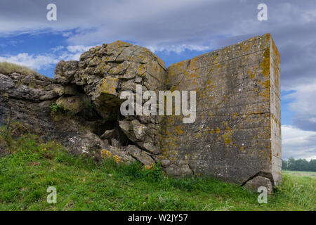 Impact of grenade on artillery bunker / gun casemate of WWII Batterie d'Azeville / Azeville Battery, part of German Atlantic Wall, Normandy, France Stock Photo