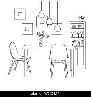 Part of the dining room. On the table vase of flowers. Lamps hang over the table. Hand drawn sketch.Vector illustration. Stock Vector