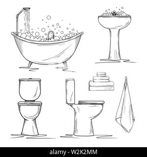 Bathroom elements hand drawn set. Coloring book template. Outline ...