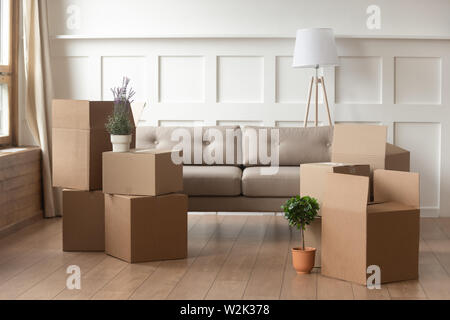 Moving day concept, cardboard boxes in modern house living room Stock Photo